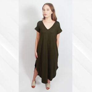 Entro Olive Green V-Neck Maxi Dress with Pockets